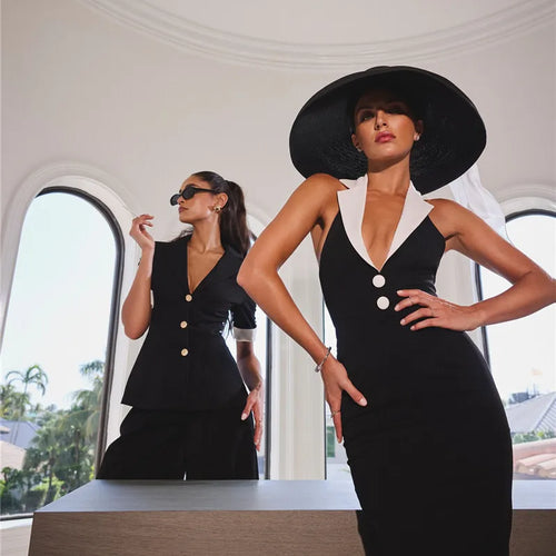 Load image into Gallery viewer, Halter Backless Sexy Maxi Dress For Women Gown Contrast Color Notched Collar Sleeveless Bodycon Club Party Tank Dress
