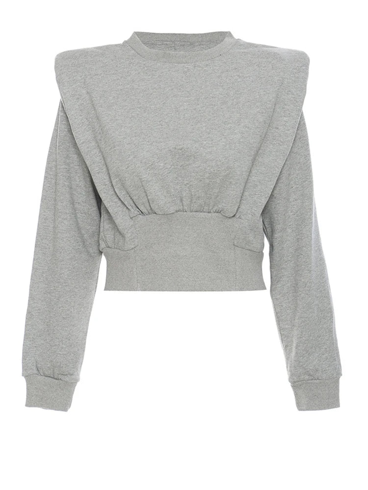 Loose Fit Gray Pleated Shaped Sweatshirt New Round Neck Long Sleeve Women Big Size Fashion Tide Spring Autumn 2025 1DF5202