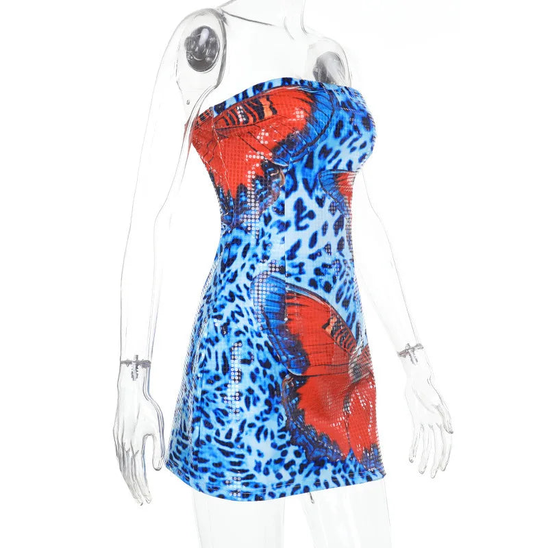 Sequins Off-shoulder Sexy Mini Dress Women Summer New Strapless Sleeveless Backless Beach Vacation Club Party Dress