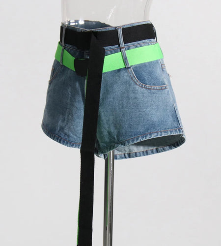 Hit Color Denim Shorts For Women High Waist Patchwork Lace Up Pocket Temperament Short Pant Female Summer Clothes