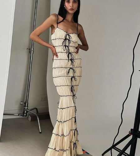 Elegant Spaghetti Strap Bodycon Women Dress 2024 Autumn Sexy Backless Pleated Party Club Evening Dress Waist Vestdos