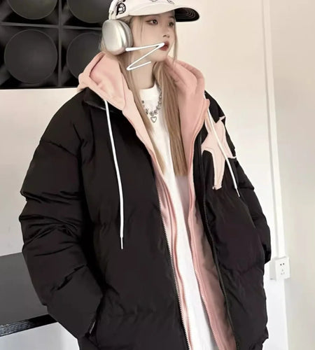 Winter Retro Thick Black Patchwork Jacket Korean Clothes Women Long Sleeves Hooded Cotton Parkas Ladies Zipper Coat Streetwear