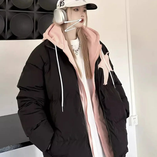 Load image into Gallery viewer, Winter Retro Thick Black Patchwork Jacket Korean Clothes Women Long Sleeves Hooded Cotton Parkas Ladies Zipper Coat Streetwear
