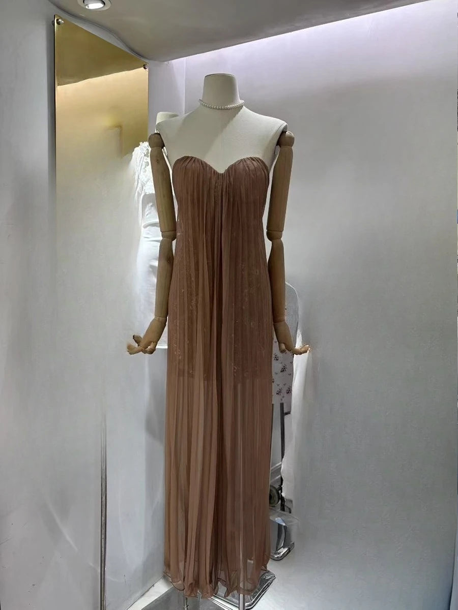 Slimming Spliced Sequins Sexy Dresses for Women Strapless Sleeveless Sheer Patchwork Folds Elegant Dress Female New