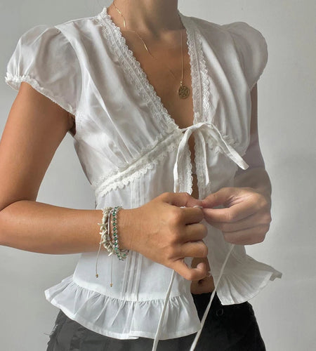 Y2K Aesthetics Lace Trim Patchwork Chic Blouses Women Summer Lace-Up Cardigan Puff Sleeve Shirts Girls Slimming Tops