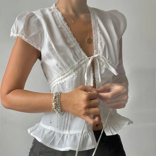 Load image into Gallery viewer, Y2K Aesthetics Lace Trim Patchwork Chic Blouses Women Summer Lace-Up Cardigan Puff Sleeve Shirts Girls Slimming Tops
