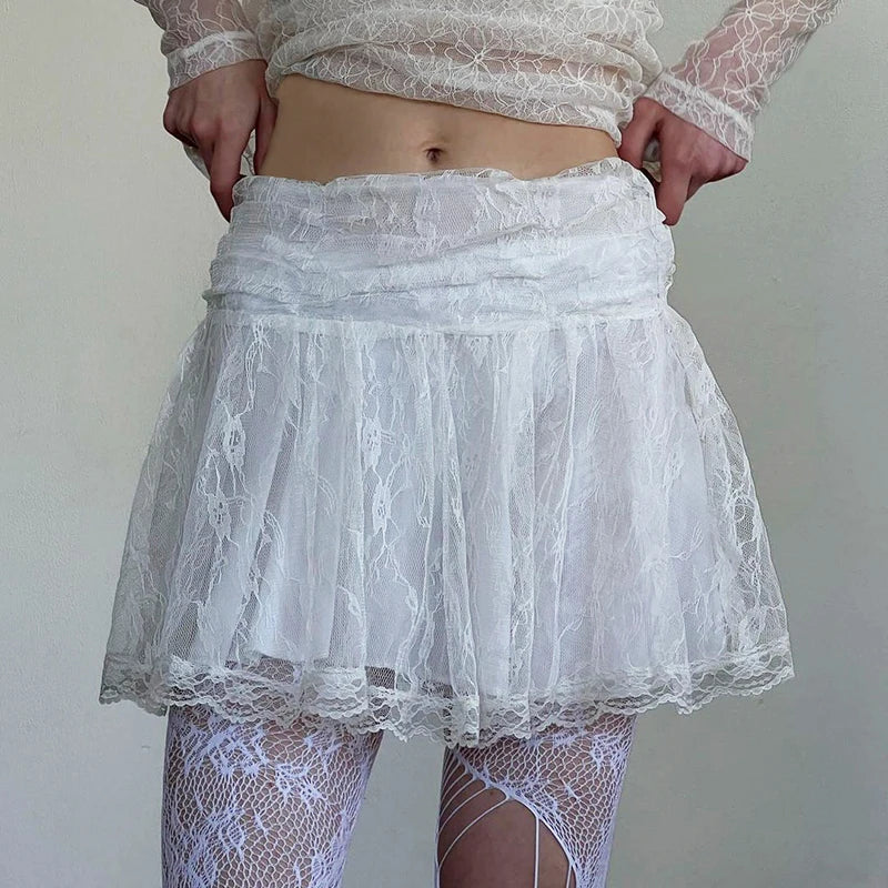Y2K Vintage Fashion White Lace Skirt Fold Tierred A-Line Summer Mini Skirts Women Lolita Preppy Style Hottie Outfits