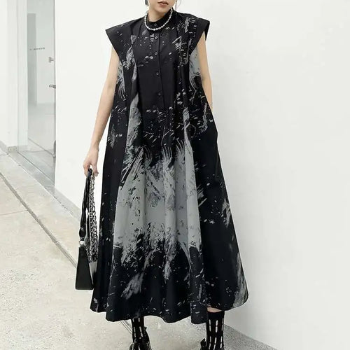 Load image into Gallery viewer, Women Black Pattern Printed Big Size Midi Shirt Dress New Stand Collar Sleeveless Fashion Tide Spring Summer 2025 1DH5837
