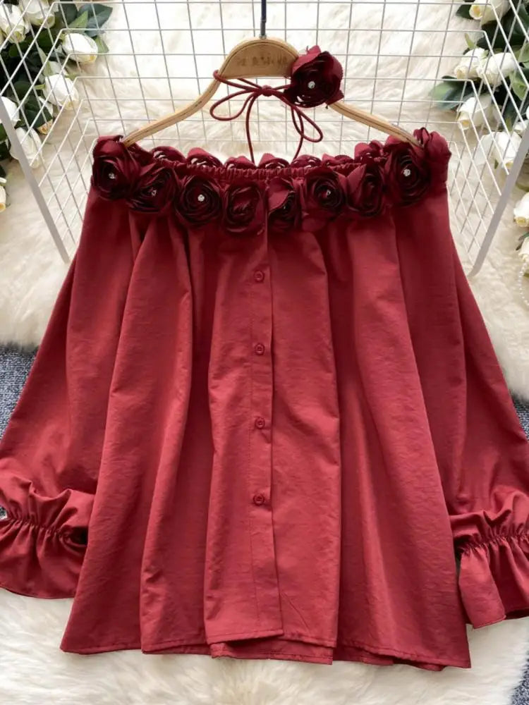 Autumn Korean Fashion Solid Diamond Floral Decoration Shirt Women Long Sleeves Off Shoulder Top Versatile Single Breasted Blouse