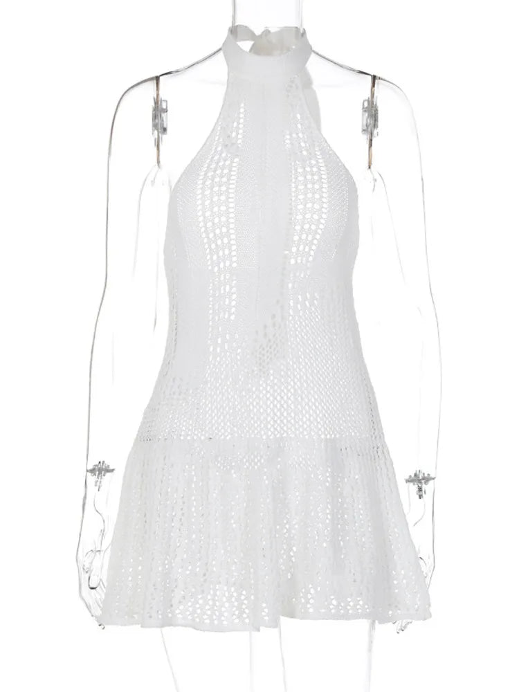 Sexy Sleeveless Knitted Sweater Dress For Women Summer 2024 New Sleeveless Hanging Collar Female Holiday Party Beachwear