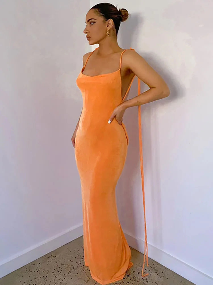 Sexy Backless Lace Up Women Dress Orange Spaghetti Strap Square Collar Dresses Female Summer Slim Fashion Party Clubwear