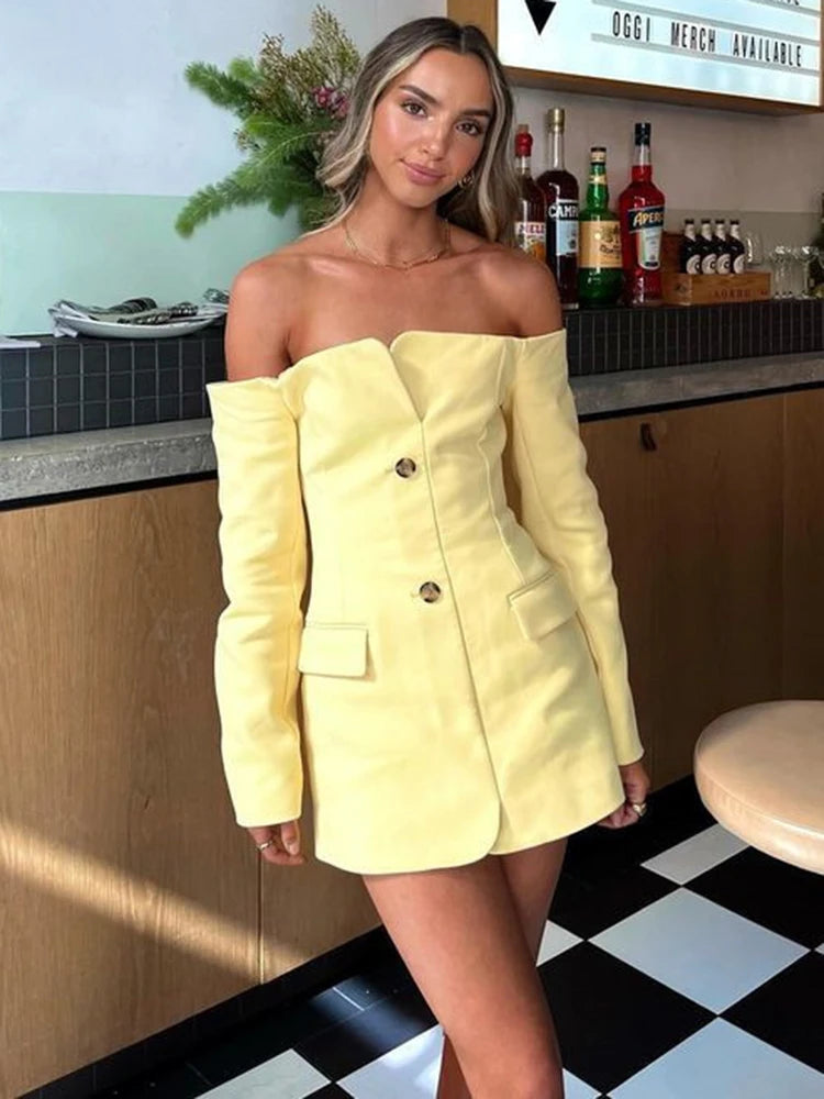 Off-shoulder Strapless Sexy Blazer Dress For Women Fashion Solid Zipper Two Pocket Long Sleeve Backless Mini Dress