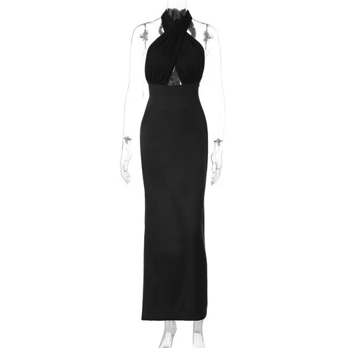 Load image into Gallery viewer, Halter Backless Sexy Maxi Dress For Women Black Satin Hollow Out Sleeveless Strapless Bodycon Club Long Dress Elegant
