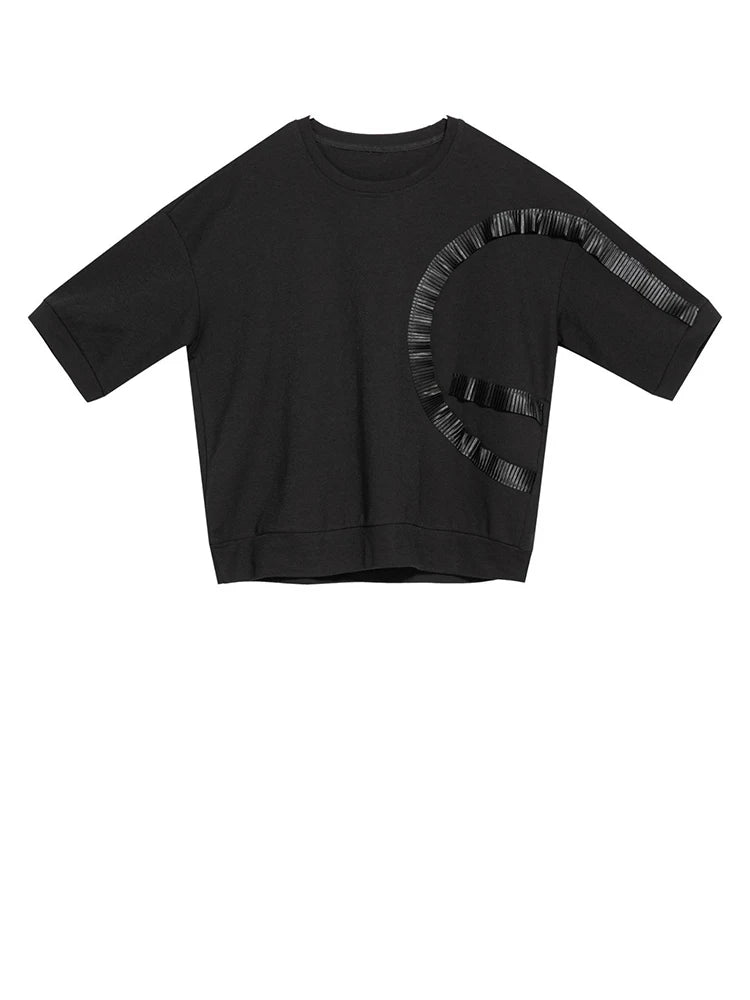 Women Black Ruffles Irregular Spliced Big Size T-shirt New Round Neck Long Sleeve Fashion Tide Spring Autumn 2025 1DJ1267