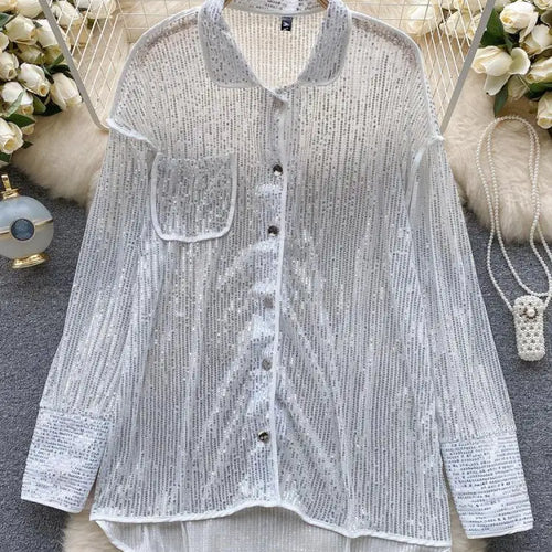 Load image into Gallery viewer, Autumn Solid Lantern Long Sleeve Sequin Shirt Women Fashion Clothing Vintage Loose Versatile Single Breasted Medium Length Tops
