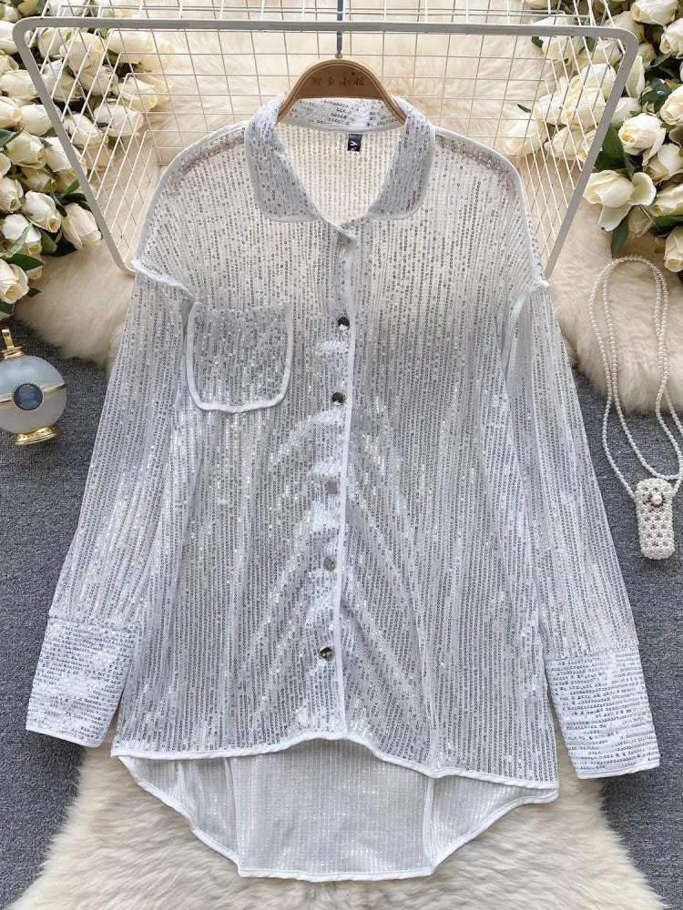 Autumn Solid Lantern Long Sleeve Sequin Shirt Women Fashion Clothing Vintage Loose Versatile Single Breasted Medium Length Tops