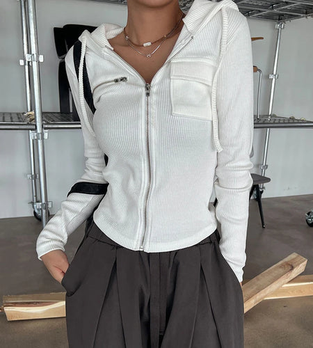Korean Style White Knitted Hooded Women's Jacket Casual Zipper Pockets Spring Autumn Coat Slim Outwear Moto Bikercore