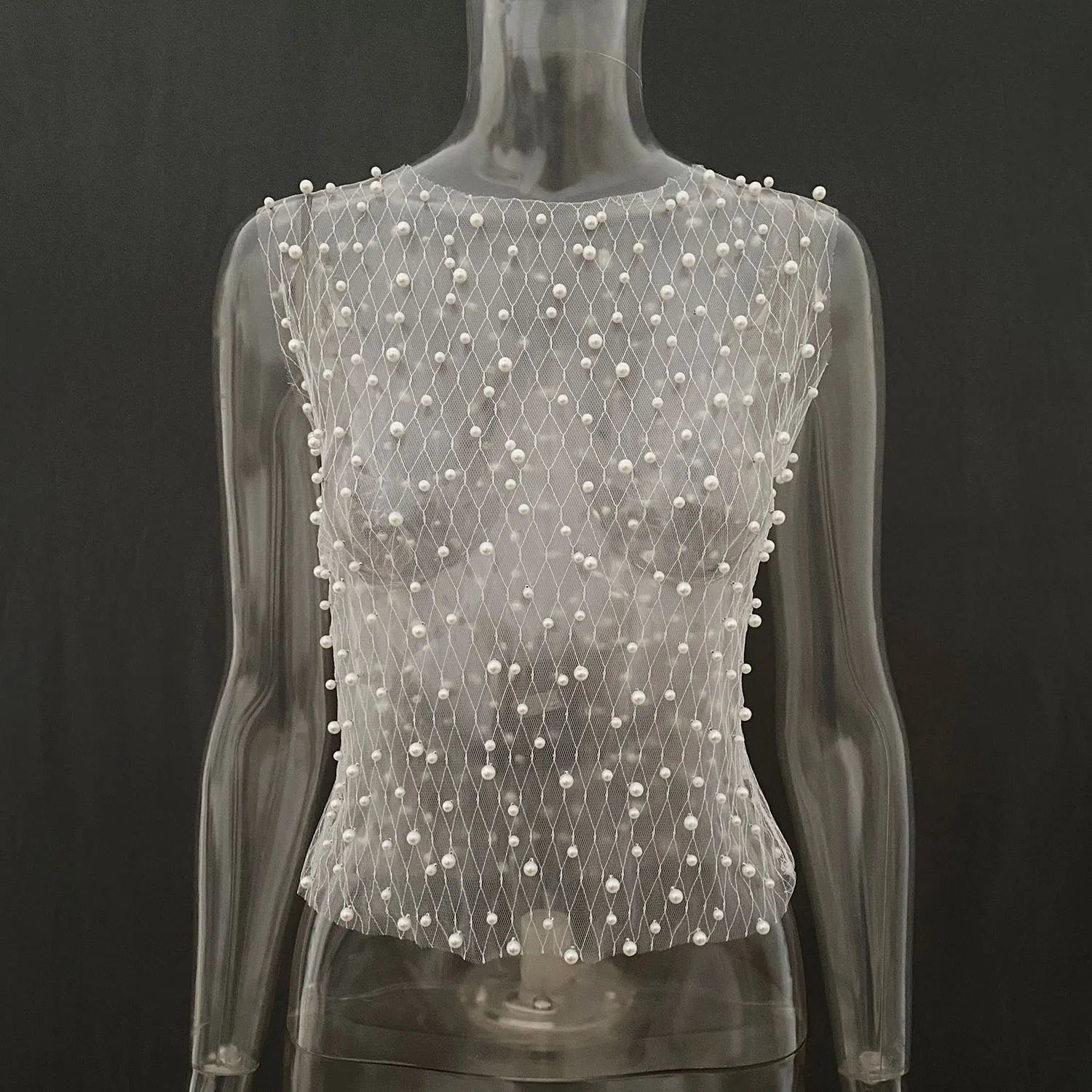 See Through Mesh Sleeveless Tops For Women Fashion Sheer Pearl Sexy Tank Tops Femme Club Party T-shirt New