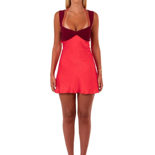 Load image into Gallery viewer, Patchwork Sleeveless Sexy Mini Dress For Women Robe Satin Strapless Backless Lace-up High Waist A-line Club Dress
