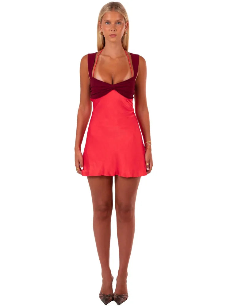 Patchwork Sleeveless Sexy Mini Dress For Women Robe Satin Strapless Backless Lace-up High Waist A-line Club Dress