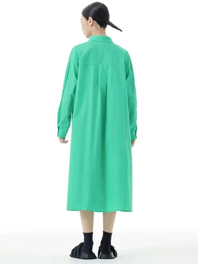 Women Green Rose Red Spliced Big Size Midi Shirt Dress New Lapel Long Sleeve Fashion Tide Spring Autumn 2025 1DH5167