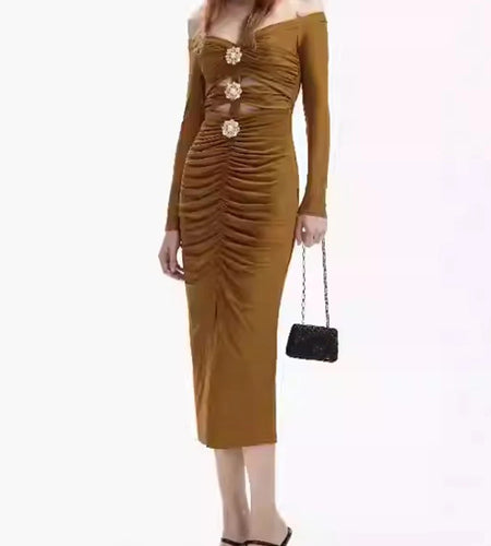 Slimming Hollow Out Spliced Bead Dresses for Women Slash Neck Long Sleeves Patchwork Folds Dress Female Clothes New