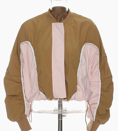 Khaki Color-block Drawstring Big Size Jacket New Stand Collar Long Sleeve Women Coat Fashion Spring Autumn 2025 1DH5645