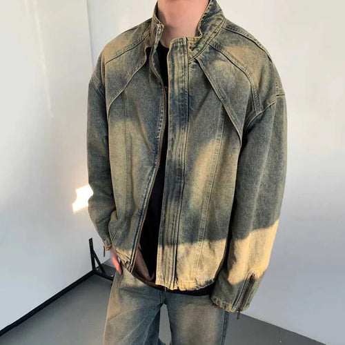 Load image into Gallery viewer, High Street Men&#39;s Denim Jackets Zipper Patchwork Casual Worn-out Washing Stand Collar Male Coats New Autumn Fashion 9C6718
