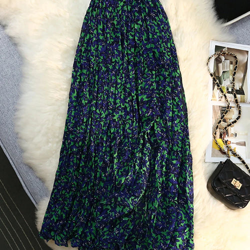 Load image into Gallery viewer, Chiffon Floral Print Skirt Women's Summer Split Pleated Skirt Elastic High Waist A-line Medium Length A Line Plissee Skirts 2022
