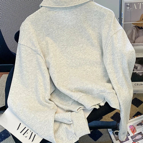 Load image into Gallery viewer, Zipper Slim Cropped Hoodies Women Pure Color Chic Street Casual Korean Gray Sweatshirt Polo Collar Female Cardigan M-XL
