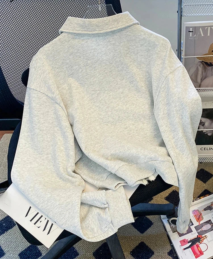 Zipper Slim Cropped Hoodies Women Pure Color Chic Street Casual Korean Gray Sweatshirt Polo Collar Female Cardigan M-XL