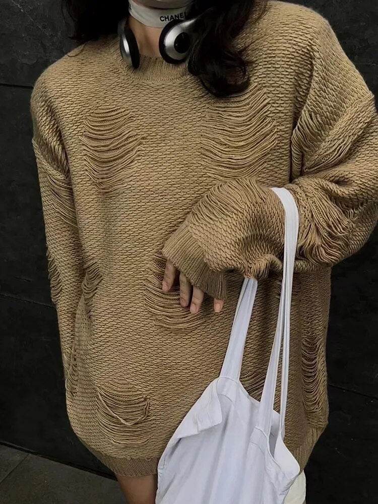 Solid Casual Loose Minimalist Knitted Sweaters For Women Round Neck Long Sleeve Pullover Temperament Sweater Female