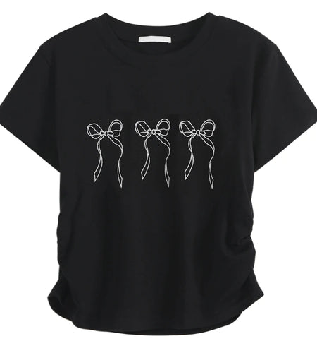 Short Sleeve Y2k Tops Tshirts for Women Embroidery Butterfly O-neck Summer Tees Crop T Shirts Tunic Folds Casual Fashion T-shirt