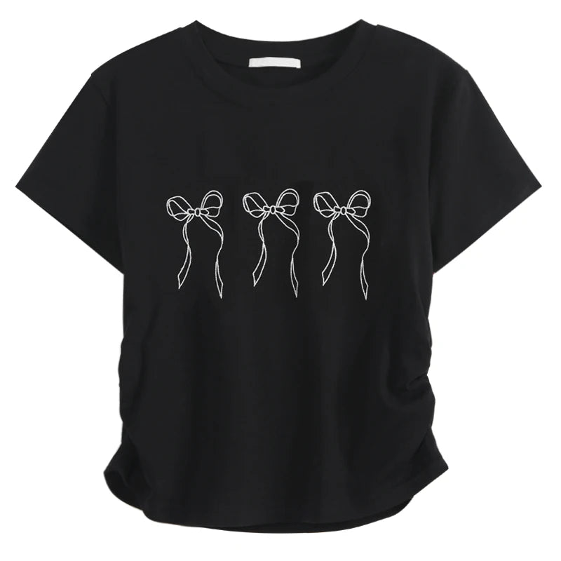 Short Sleeve Y2k Tops Tshirts for Women Embroidery Butterfly O-neck Summer Tees Crop T Shirts Tunic Folds Casual Fashion T-shirt