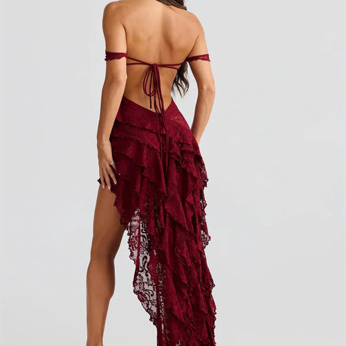 Load image into Gallery viewer, Lace Ruffle Sexy Maxi Dress Women Fashion Summer Off-shoulder Strapless Sleeveless Backless Beach Holiday Club Dress
