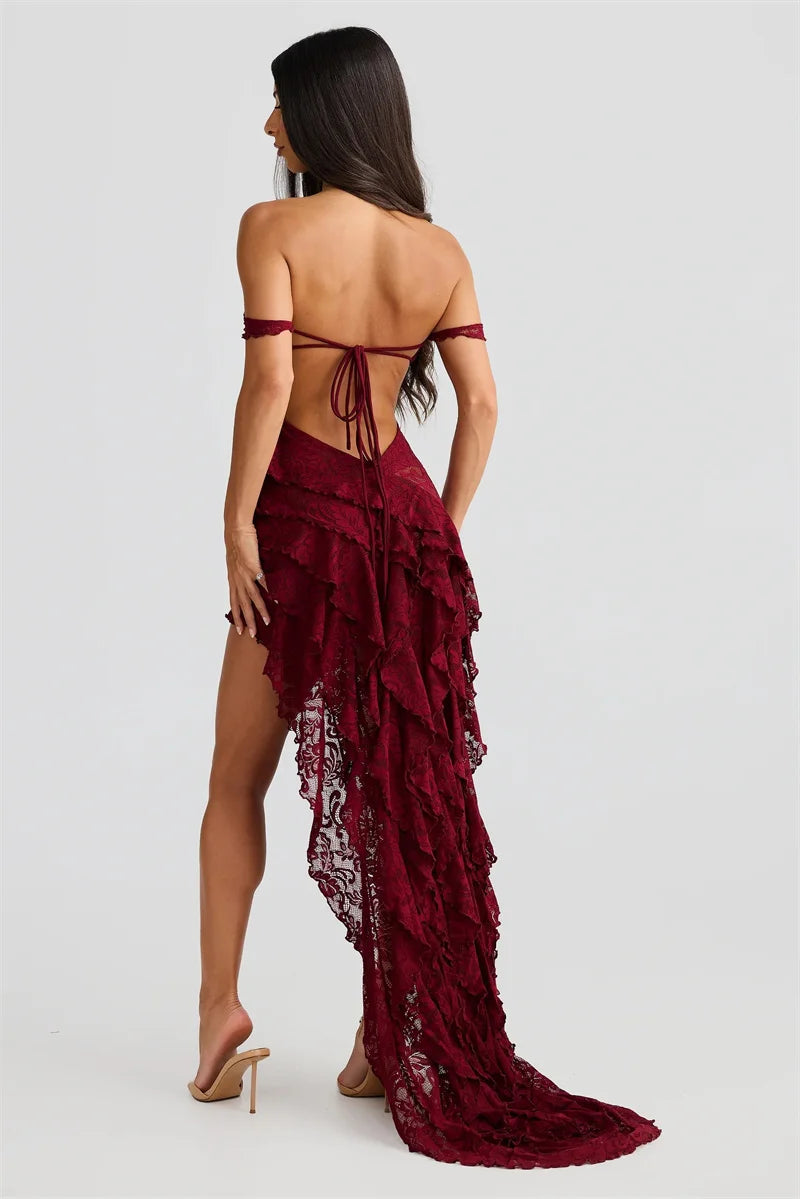 Lace Ruffle Sexy Maxi Dress Women Fashion Summer Off-shoulder Strapless Sleeveless Backless Beach Holiday Club Dress