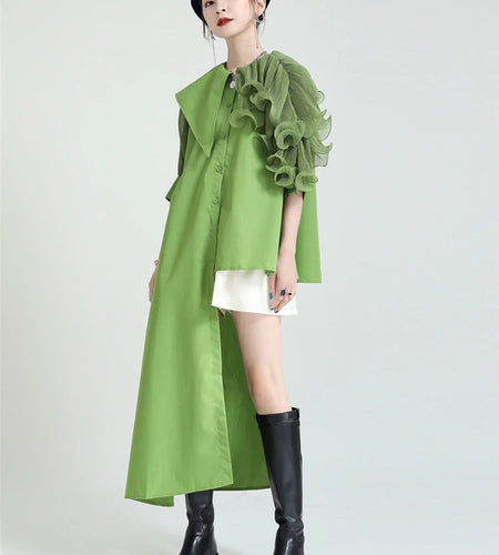 Women Green Pleated Belted Irregular Long Blouse New Lapel Half Sleeve Shirt Fashion Tide Spring Summer 2025 1DD9304