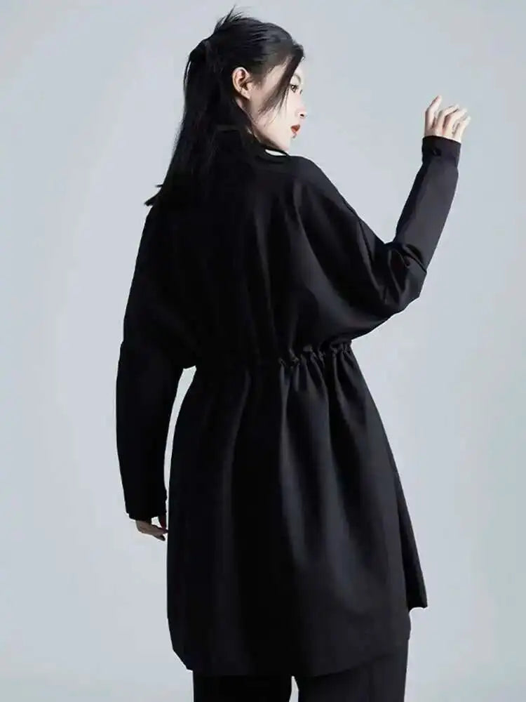 Loose Fit Black Bandage Big Size Long Jacket New O-neck Long Sleeve Women Coat Fashion Tide Spring Autumn 2025 1DH1987