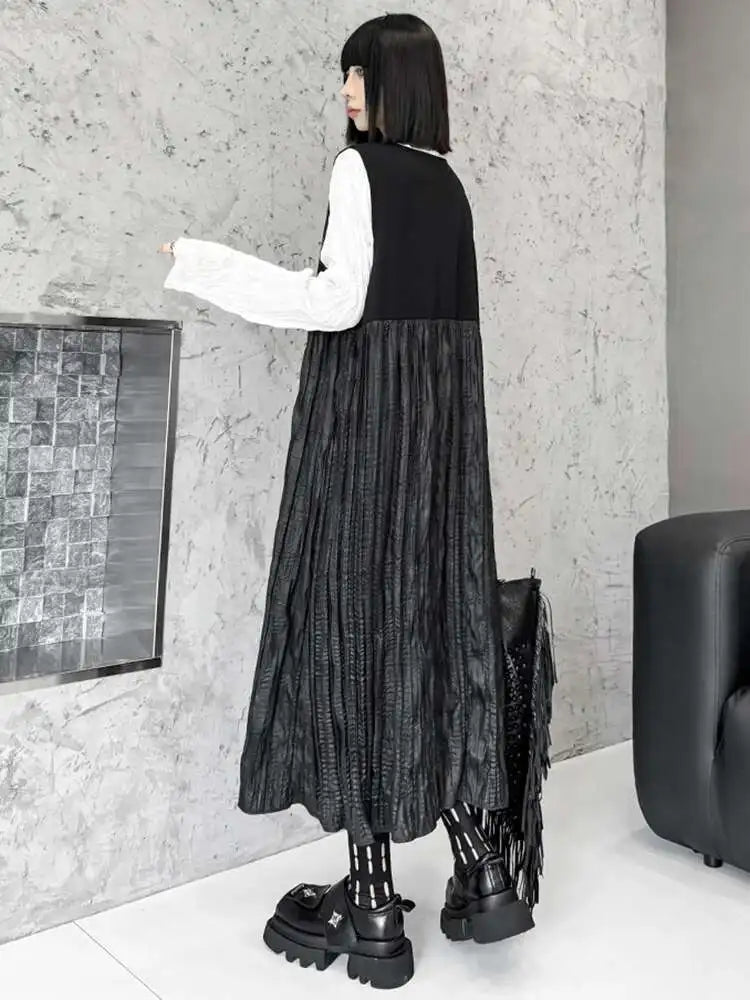 Women Black Bandage Pleated Spliced Big Size Midi Dress New V-Neck Sleeveless Fashion Tide Spring Autumn 2025 1DJ077701