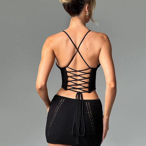 Load image into Gallery viewer, Sexy Knitted Hollow Out Two-Piece Set for Women, Deep V Suspender, Tight Top, Short Skirt Set, Holiday Party, Club Beach
