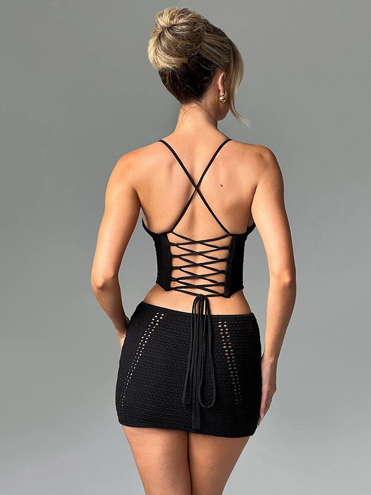 Sexy Knitted Hollow Out Two-Piece Set for Women, Deep V Suspender, Tight Top, Short Skirt Set, Holiday Party, Club Beach