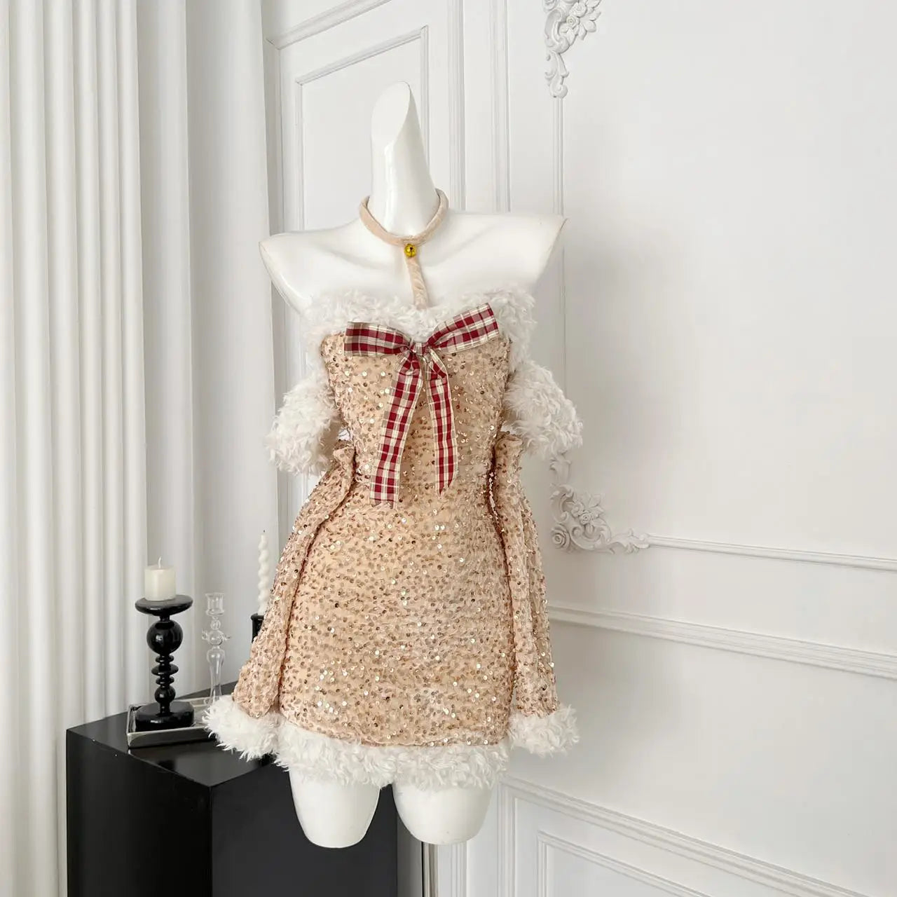 Autumn Women's Gold Patchwork Sequin Bow Backless Halter Short Dress Fashion Korean Elegant Slim Sexy Wrapped Hip Mini Dress New