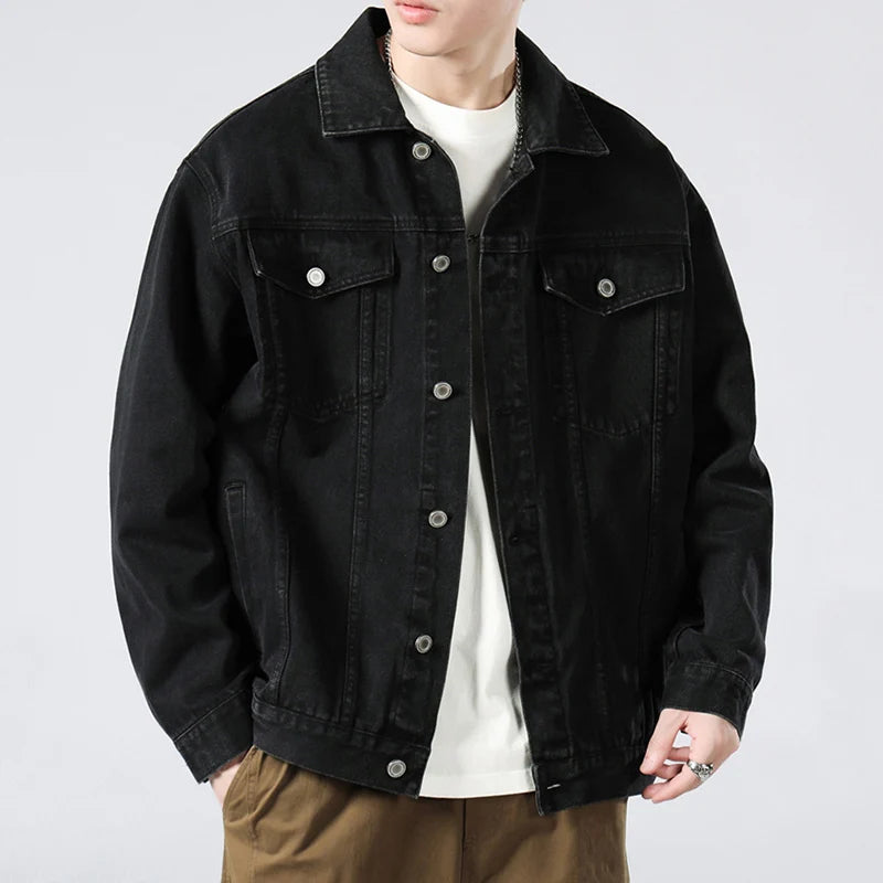 Men's Cargo Denim Jacket Solid Color Turn-down Collar New Korean Loose Fashion Casual Trendy Jackets 2025 Spring 9W1321