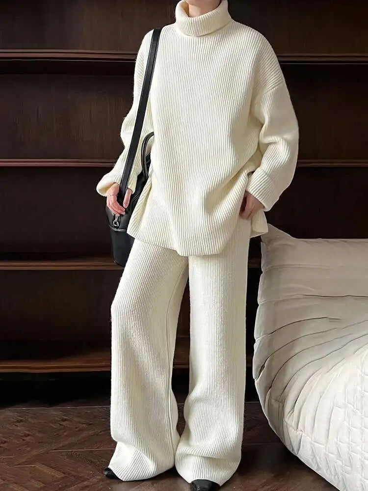 Red Big Size Sweater Wide Leg Pants Two Piece Suit New Turtleneck Long Sleeve Women Fashion Spring Autumn 2025 1DH8626