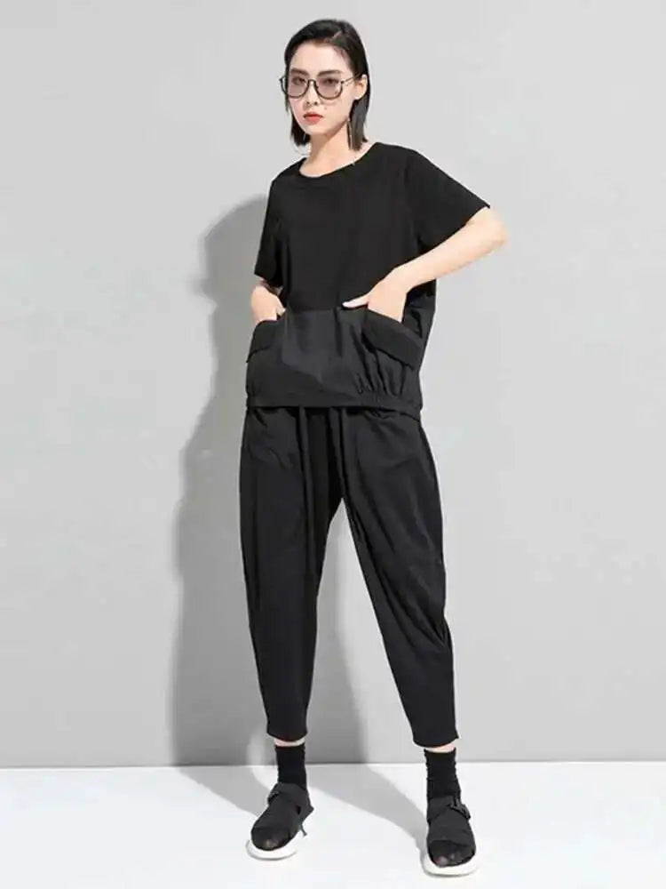 Women Black Big Size Irregular Spliced Pockets T-shirt New Round Neck Short Sleeve Fashion Tide Spring Summer 2025 1DD8085