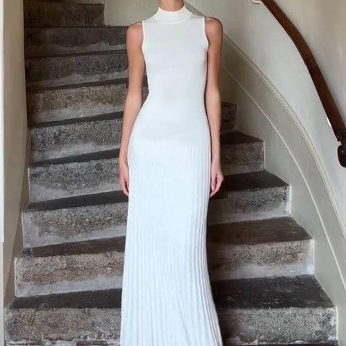 Load image into Gallery viewer, Half High Collar Sleeveless Knit Maxi Dress For Women Fashion Solid Bodycon Sexy Pleated Long Knitted Sweater Dress
