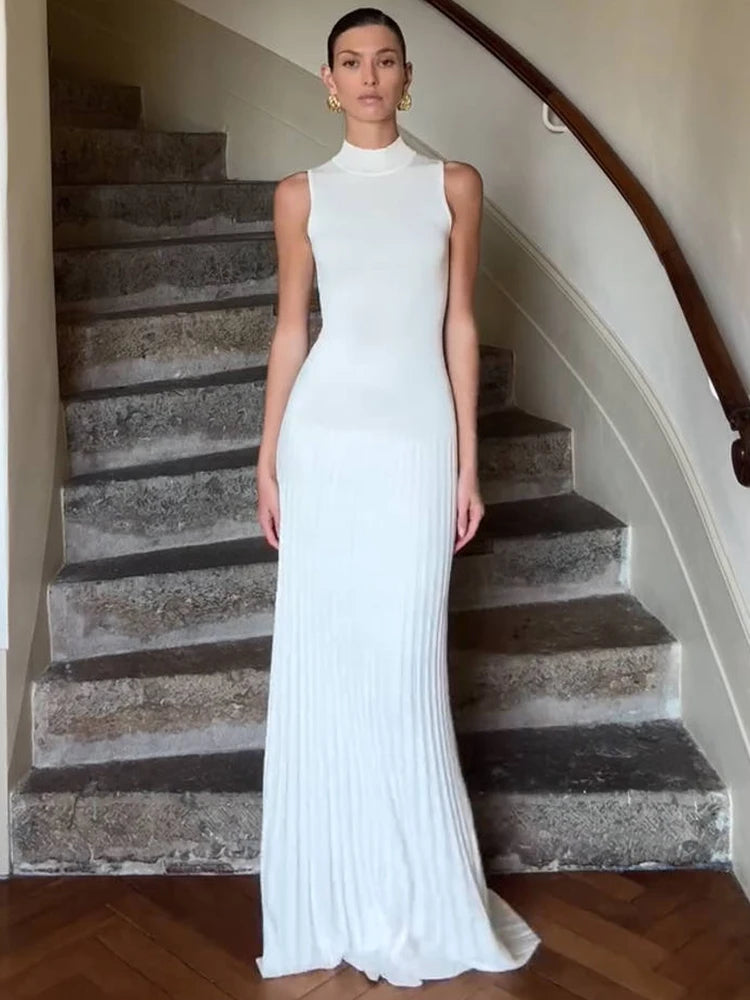 Half High Collar Sleeveless Knit Maxi Dress For Women Fashion Solid Bodycon Sexy Pleated Long Knitted Sweater Dress