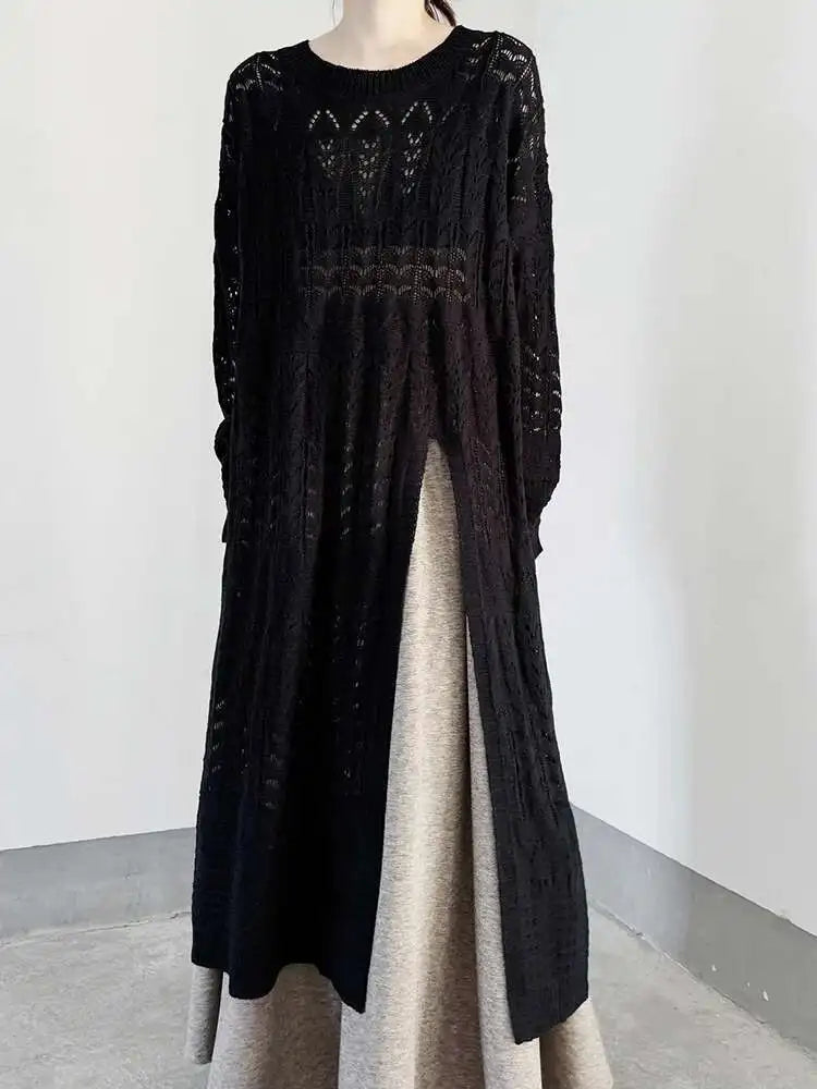 Women Black Big Size  Hollow Out Long Sweater Dress New Round Neck Long Sleeve Fashion Tide Spring Autumn 2025 1DJ0404