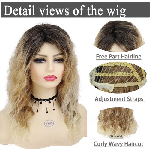 Load image into Gallery viewer, Synthetic Woman Wig Curly Long Wave Wig with Dark Root Blonde Ombre Wig Female Fluffy Hair Halloween Costume for Women
