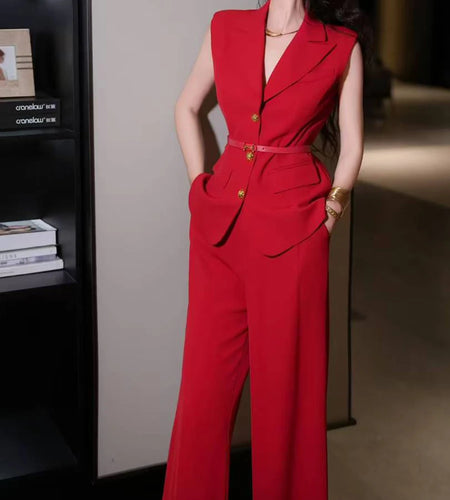 Solid Temperament Two Piece Sets for Women Lapel Sleeveless Spliced Single Breasted Top High Waist Pant Set Female